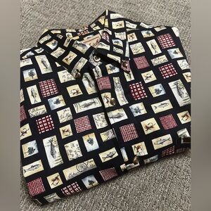 Woolrich Long Sleeve Button Up Fish Navy Red Size large 100% Cotton